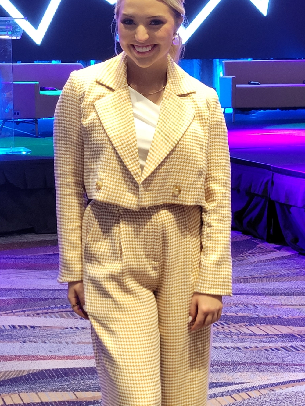 Cropped Houndstooth Blazer & High-Waist Pants Set - Yellow/Cream